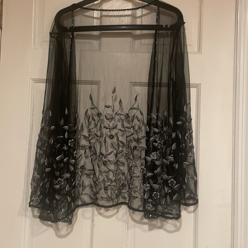 Black Sheer Embroidered Stole - Picture 5 of 6